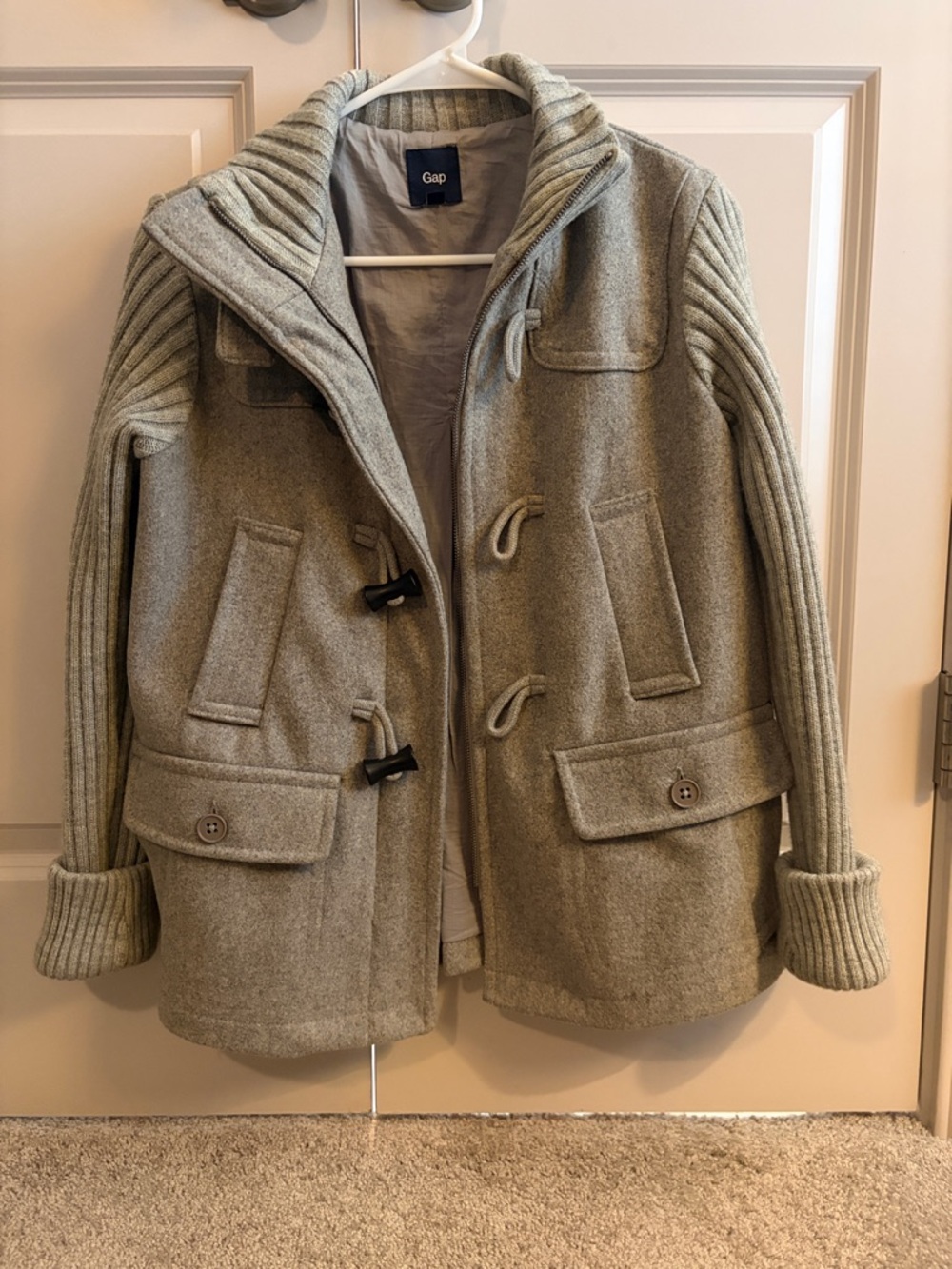 GAP Light Gray Wool-Blend Toggle Coat with Ribbed Sleeves